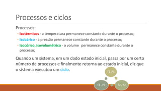 Processos e ciclos
Processos:
◦ Isotérmicos - a temperatura permanece constante durante o processo;
◦ Isobárico - a pressão permanece constante durante o processo;
◦ Isocórico, isovolumétrico - o volume permanece constante durante o
processo;
Quando um sistema, em um dado estado inicial, passa por um certo
número de processos e finalmente retorna ao estado inicial, diz que
o sistema executou um ciclo. T1 ,P1
T2 , P2
T3 , P3
 