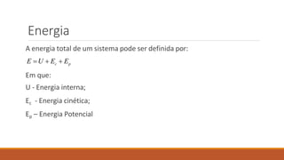 Energia
A energia total de um sistema pode ser definida por:
E U  Ec  Ep
Em que:
U - Energia interna;
Ec - Energia cinética;
Ep – Energia Potencial
 