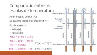 Comparação entre as
escalas de temperatura
No SI é o grau Celsius (ºC)
No sistema inglês é o Fahrenheit (ºF)
Escala absoluta:
◦ Kelvin (K)
◦ Rankine (R)
 