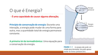 O que é Energia?
◦ É uma capacidade de causar alguma alteração;
Princípio de conservação de energia: Durante uma
interação, a energia pode mudar de uma forma para
outra, mas a quantidade total de energia permanece
constante.
A primeira lei da termodinâmica: Uma equação para
a conservação da energia.
 