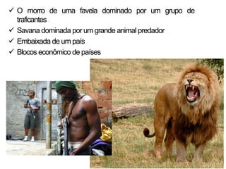  O morro de uma favela dominado por um grupo de
  traficantes
 Savana dominada por um grande animal predador
 Embaixada de um país
 Blocos econômico de países
 