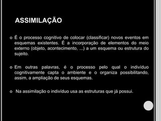    ASSIMILAÇÃOÉ o processo cognitivo de colocar (classificar) novos eventos em esquemas existentes. É a incorporação de elementos do meio externo (objeto, acontecimento, ...) a um esquema ou estrutura do sujeito.Em outras palavras, é o processo pelo qual o indivíduo cognitivamente capta o ambiente e o organiza possibilitando, assim, a ampliação de seus esquemas.  Na assimilação o indivíduo usa as estruturas que já possui.