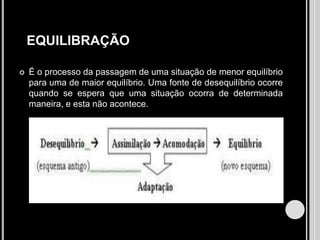   EQUILIBRAÇÃOEm suma, o desenvolvimento é caracterizado por uma constante procura de equilíbrio, a qual significa uma constante adaptação ao mundo exterior. Vê-se que, para Piaget, a aprendizagem não se resume a uma experiência imediata, mas que em conjunto com o processo de equilibração apossa-se da dimensão do próprio desenvolvimento da estrutura cognitiva, que se irá difundir no crescimento biológico e intelectual do indivíduo. Desta forma, o indivíduo só avançará para um novo estádio de desenvolvimento, quando as competências do anterior já tiverem sido assimiladas e adquiridas.