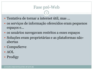 Fase pré-Web
                                   9

 Tentativa de tornar a internet útil, mas ...
 os serviços de informação oferecidos eram pequenos
    espaços e...
   os usuários navegavam restritos a esses espaços
   Soluções eram proprietárias e as plataformas não-
    abertas
   CompuServe
   AOL
   Prodigy

LUCIANO.CRECENTE@ETEC.SP.GOV.BR
 