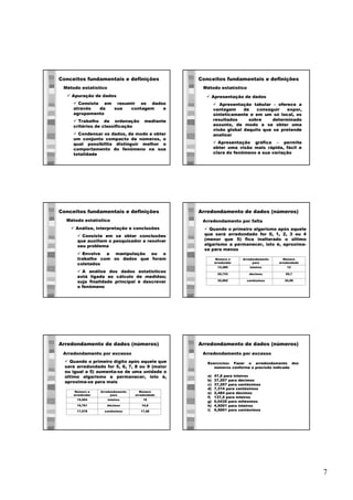7
Conceitos fundamentais e definições
ü Apuração de dados
ü Consiste em resumir os dados
através da sua contagem e
agrupamento
ü Trabalho de ordenação mediante
critérios de classificação
ü Condensar os dados, de modo a obter
um conjunto compacto de números, o
qual possibilita distinguir melhor o
comportamento do fenômeno na sua
totalidade
Método estatístico
Conceitos fundamentais e definições
ü Apresentação de dados
ü Apresentação tabular – oferece a
vantagem de conseguir expor,
sinteticamente e em um só local, os
resultados sobre determinado
assunto, de modo a se obter uma
visão global daquilo que se pretende
analisar
ü Apresentação gráfica – permite
obter uma visão mais rápida, fácil e
clara do fenômeno e sua variação
Método estatístico
Conceitos fundamentais e definições
ü Análise, interpretação e conclusões
ü Consiste em se obter conclusões
que auxiliem o pesquisador a resolver
seu problema
ü Envolve a manipulação ou o
trabalho com os dados que foram
coletados
ü A análise dos dados estatísticos
está ligada ao cálculo de medidas;
suja finalidade principal é descrever
o fenômeno
Método estatístico
Arredondamento de dados (números)
Arredondamento por falta
35,99centésimos35,992
20,7décimos20,733
12inteiros12,489
Número
arredondado
Arredondamento
para
Número a
arredondar
ü Quando o primeiro algarismo após aquele
que será arredondado for 0, 1, 2, 3 ou 4
(menor que 5) fica inalterado o último
algarismo a permanecer, isto é, aproxima-
se para menos
Arredondamento de dados (números)
Arredondamento por excesso
ü Quando o primeiro dígito após aquele que
será arredondado for 5, 6, 7, 8 ou 9 (maior
ou igual a 5) aumenta-se de uma unidade o
último algarismo a permanecer, isto é,
aproxima-se para mais
17,58centésimos17,578
16,8décimos16,761
16inteiros15,504
Número
arredondado
Arredondamento
para
Número a
arredondar
Arredondamento de dados (números)
Arredondamento por excesso
Exercícios: Fazer o arredondamento dos
números conforme a precisão indicada
a) 47,8 para inteiros
b) 37,257 para décimos
c) 37,257 para centésimos
d) 7,314 para centésimos
e) 2,484 para décimos
f) 137,5 para inteiros
g) 0,0435 para milésimos
h) 4,5001 para inteiros
i) 5,5651 para centésimos
 
