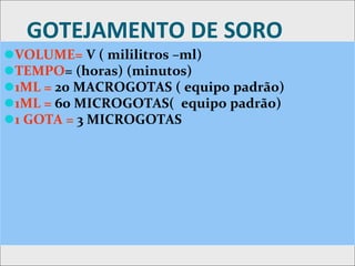 GOTEJAMENTO DE SORO
⚫VOLUME= V ( mililitros –ml)
⚫TEMPO= (horas) (minutos)
⚫1ML = 20 MACROGOTAS ( equipo padrão)
⚫1ML = 60 MICROGOTAS( equipo padrão)
⚫1 GOTA = 3 MICROGOTAS
 