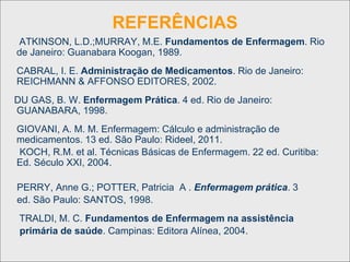 REFERÊNCIAS
ATKINSON, L.D.;MURRAY, M.E. Fundamentos de Enfermagem. Rio
de Janeiro: Guanabara Koogan, 1989.
CABRAL, I. E. Administração de Medicamentos. Rio de Janeiro:
REICHMANN & AFFONSO EDITORES, 2002.
DU GAS, B. W. Enfermagem Prática. 4 ed. Rio de Janeiro:
GUANABARA, 1998.
GIOVANI, A. M. M. Enfermagem: Cálculo e administração de
medicamentos. 13 ed. São Paulo: Rideel, 2011.
KOCH, R.M. et al. Técnicas Básicas de Enfermagem. 22 ed. Curitiba:
Ed. Século XXI, 2004.
PERRY, Anne G.; POTTER, Patricia A . Enfermagem prática. 3
ed. São Paulo: SANTOS, 1998.
TRALDI, M. C. Fundamentos de Enfermagem na assistência
primária de saúde. Campinas: Editora Alínea, 2004.
 