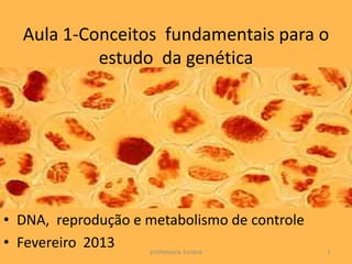 Aula 1-Conceitos fundamentais para o
           estudo da genética




• DNA, reprodução e metabolismo de controle
• Fevereiro 2013    professora Ionara         1
 