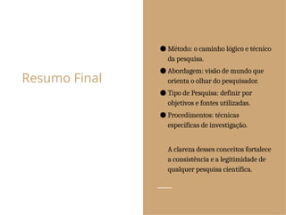 Resumo Final
● Método: o caminho lógico e técnico
da pesquisa.
● Abordagem: visão de mundo que
orienta o olhar do pesquisador.
● Tipo de Pesquisa: definir por
objetivos e fontes utilizadas.
● Procedimentos: técnicas
específicas de investigação.
A clareza desses conceitos fortalece
a consistência e a legitimidade de
qualquer pesquisa científica.
 