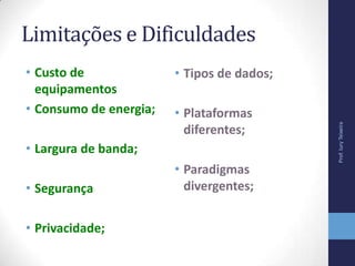 Limitações e Dificuldades
• Custo de
equipamentos
• Consumo de energia;
• Largura de banda;
• Segurança
• Privacidade;
Prof.IuryTeixeira
• Tipos de dados;
• Plataformas
diferentes;
• Paradigmas
divergentes;
 