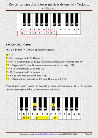 Conceitos para tirar e tocar músicas de ouvido – Teclado,
violão, etc
Contatos: e-mail: paulo.206@hotmail.com ; celular (11)99502-5268 Página 7
ESCALA DE DÓ (D):
O D é a Tônica (N). Então, aplicamos a regra.
N = D;
T = E (1 tom partindo do D para E);
T = F# (1 tom partindo do E que foi a nota achada anteriormente para F#);
ST = G (pois de F# para G temos apenas meio tom, ou seja, 1 ST);
T = A (1 tom partindo de G para A);
T = B (1 tom partindo de A para B);
T = C# (1 tom partindo de B para C#);
ST = D (meio tom, partindo de C# para D, ou seja, 1 ST).
Veja abaixo como ficaria no teclado a contagem da escala de D. O mesmo
também serve para todos os instrumentos musicais.
 