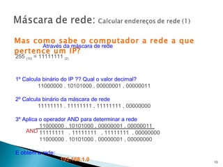 Mas como sabe o computador a rede a que pertence um IP? 255  (10)  = 11111111  (2)  1º Calcula binário do IP ?? Qual o valor decimal? 11000000 . 10101000  .  00000001  .  00000011   2º Calcula binário da máscara de rede 11111111 . 11111111  .  11111111  .  00000000 3º Aplica o operador AND para determinar a rede   11000000 . 10101000  .  00000001  .  00000011     11111111  . 11111111  .  11111111  .  00000000   11000000 . 10101000  .  00000001  .  00000000 E obtém a rede: 192.168.1.0 AND Através da máscara de rede 
