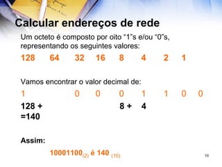 Calcular endereços de rede Um octeto é composto por oito “1”s e/ou “0”s, representando os seguintes valores: 128 64 32 16 8 4 2 1 Vamos encontrar o valor decimal de: 1 0 0 0 1 1 0 0 128 +  8 +  4  =140 Assim:   10001100 (2)  é 140  (10) 