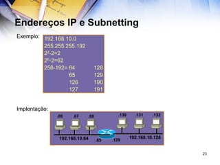 Endereços IP e Subnetting Exemplo: Implentação: 