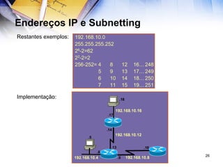Endereços IP e Subnetting Restantes exemplos: Implementação: 