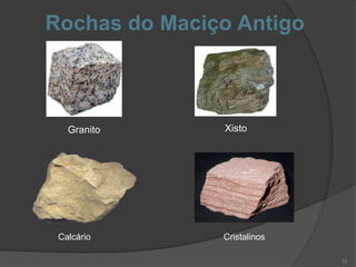 Rochas do Maciço Antigo



   Granito     Xisto




 Calcário      Cristalinos

                             15
 