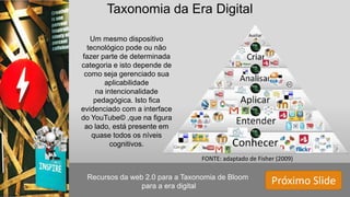 Taxonomia da Era Digital
.
FONTE: adaptado de Fisher (2009)
Recursos da web 2.0 para a Taxonomia de Bloom
para a era digital
Próximo Slide
Um mesmo dispositivo
tecnológico pode ou não
fazer parte de determinada
categoria e isto depende de
como seja gerenciado sua
aplicabilidade
na intencionalidade
pedagógica. Isto fica
evidenciado com a interface
do YouTube© ,que na figura
ao lado, está presente em
quase todos os níveis
cognitivos.
 