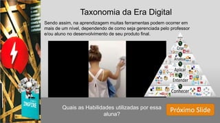 Quais as Habilidades utilizadas por essa
aluna?
Taxonomia da Era Digital
Sendo assim, na aprendizagem muitas ferramentas podem ocorrer em
mais de um nível, dependendo de como seja gerenciada pelo professor
e/ou aluno no desenvolvimento de seu produto final.
Próximo Slide
 