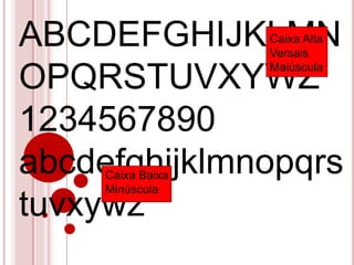ABCDEFGHIJKLMN     Caixa Alta
                   Versais
                   Maiúscula
OPQRSTUVXYWZ
1234567890
abcdefghijklmnopqrs
     Caixa Baixa
     Minúscula
tuvxywz
 