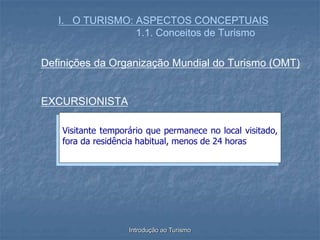 Introdução ao Turismo
I. O TURISMO: ASPECTOS CONCEPTUAIS
1.1. Conceitos de Turismo
Definições da Organização Mundial do Turismo (OMT)
EXCURSIONISTA
Visitante temporário que permanece no local visitado,
fora da residência habitual, menos de 24 horas
 