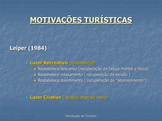 Introdução ao Turismo
MOTIVAÇÕES TURÍSTICAS
Leiper (1984)
 Lazer Recreativo (restabelece)
 Restabelece descanso (recuperação da fadiga mental e física)
 Restabelece relaxamento ( recuperação da tensão )
 Restabelece divertimento ( recuperação do “aborrecimento”)
 Lazer Criativo ( produz algo de novo)
 