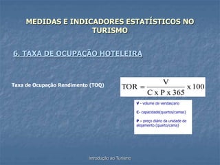 Introdução ao Turismo
MEDIDAS E INDICADORES ESTATÍSTICOS NO
TURISMO
6. TAXA DE OCUPAÇÃO HOTELEIRA
100
x
365
x
P
x
C
V
TOR 
Taxa de Ocupação Rendimento (TOQ)
V - volume de vendas/ano
C- capacidade(quartos/camas)
P – preço diário da unidade de
alojamento (quarto/cama)
 