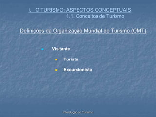 Introdução ao Turismo
I. O TURISMO: ASPECTOS CONCEPTUAIS
1.1. Conceitos de Turismo
Definições da Organização Mundial do Turismo (OMT)
 Visitante
 Turista
 Excursionista
 