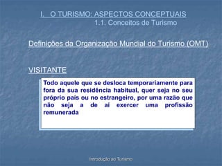 Introdução ao Turismo
I. O TURISMO: ASPECTOS CONCEPTUAIS
1.1. Conceitos de Turismo
Definições da Organização Mundial do Turismo (OMT)
VISITANTE
Todo aquele que se desloca temporariamente para
fora da sua residência habitual, quer seja no seu
próprio país ou no estrangeiro, por uma razão que
não seja a de aí exercer uma profissão
remunerada
 