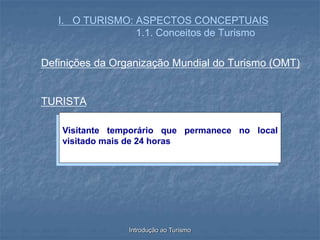 Introdução ao Turismo
I. O TURISMO: ASPECTOS CONCEPTUAIS
1.1. Conceitos de Turismo
Definições da Organização Mundial do Turismo (OMT)
TURISTA
Visitante temporário que permanece no local
visitado mais de 24 horas
 