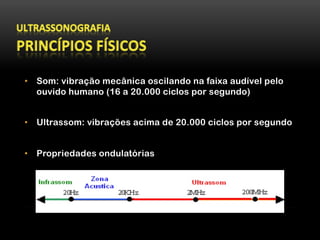 •  Som: vibração mecânica oscilando na faixa audível pelo
ouvido humano (16 a 20.000 ciclos por segundo)
•  Ultrassom: vibrações acima de 20.000 ciclos por segundo
•  Propriedades ondulatórias
 