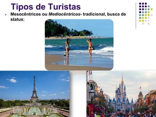 Tipos de Turistas
 Mesocêntricos ou Mediocêntricos- tradicional, busca de
status;
 