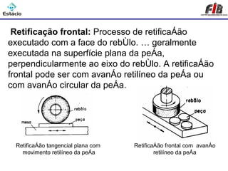 Processos de Usinagem - Retificação

 Retificação frontal: Processo de retificação
executado com a face do rebôlo. É geralmente
executada na superfície plana da peça,
perpendicularmente ao eixo do rebôlo. A retificação
frontal pode ser com avanço retilíneo da peça ou
com avanço circular da peça.




 Retificação tangencial plana com   Retificação frontal com avanço
   movimento retilíneo da peça              retilíneo da peça
 