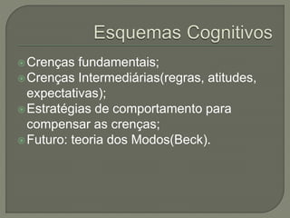 Crenças fundamentais;
Crenças Intermediárias(regras, atitudes,
expectativas);
Estratégias de comportamento para
compensar as crenças;
Futuro: teoria dos Modos(Beck).
 