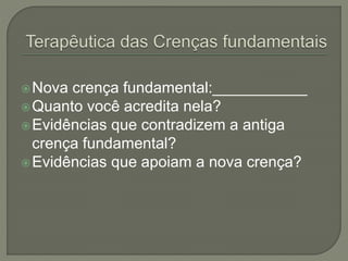 Nova crença fundamental:___________
Quanto você acredita nela?
Evidências que contradizem a antiga
crença fundamental?
Evidências que apoiam a nova crença?
 