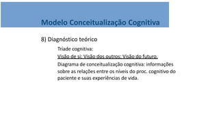 Modelo Conceitualização Cognitiva
8) Diagnóstico teórico
Tríade cognitiva:
Visão de si; Visão dos outros; Visão do futuro.
Diagrama de conceitualização cognitiva: informações
sobre as relações entre os níveis do proc. cognitivo do
paciente e suas experiências de vida.
 