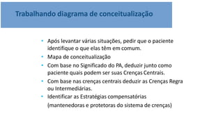Trabalhando diagrama de conceitualização
• Após levantar várias situações, pedir que o paciente
identifique o que elas têm em comum.
• Mapa de conceitualização
• Com base no Significado do PA, deduzir junto como
paciente quais podem ser suas Crenças Centrais.
• Com base nas crenças centrais deduzir as Crenças Regra
ou Intermediárias.
• Identificar as Estratégias compensatórias
(mantenedoras e protetoras do sistema de crenças)
 