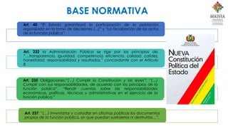 BASE NORMATIVA
Art. 40 “El Estado garantizará la participación de la población
organizada en la toma de decisiones (...)” y “La fiscalización de los actos
de la función pública”.
Art. 232 la Administración Pública se rige por los principios de:
“…transparencia, igualdad, competencia, eficiencia, calidad, calidez,
honestidad, responsabilidad y resultados.” concordante con el Artículo
8.
Art. 235 Obligaciones:“(…) Cumplir la Constitución y las leyes”; “(…)
Cumplir con sus responsabilidades, de acuerdo con los principios de la
función pública”. “Rendir cuentas sobre las responsabilidades
económicas, políticas, técnicas y administrativas en el ejercicio de la
función pública.”
Art. 237: “(…) Inventariar y custodiar en oficinas públicas los documentos
propios de la función pública, sin que puedan sustraerlos ni destruirlos…”.
 