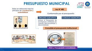 PRESUPUESTO MUNICIPAL
Tex
t
Incluye el Presupuesto de
las Empresas y Entidades de
carácter desconcentrado y
descentralizado
Ley Nº 482
ÓRGANO EJECUTIVO
Consolida el presupuesto institucional
POA y Presupuesto consolidado
CONCEJO MUNICIPAL
Debe ser elaborado bajo los
principos de coordinación y
sostenibilidad
Conformado por el presupuesto:
 