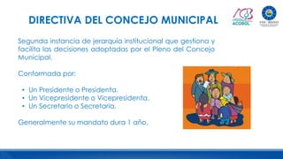 DIRECTIVA DEL CONCEJO MUNICIPAL
Segunda instancia de jerarquía institucional que gestiona y
facilita las decisiones adoptadas por el Pleno del Concejo
Municipal.
Conformada por:
• Un Presidente o Presidenta.
• Un Vicepresidente o Vicepresidenta.
• Un Secretario o Secretaria.
Generalmente su mandato dura 1 año.
 