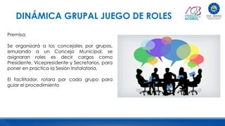 Premisa:
Se organizará a los concejales por grupos,
emulando a un Concejo Municipal, se
asignaran roles es decir cargos como
Presidente, Vicepresidente y Secretarios, para
poner en practica la Sesión Instalatoria.
El facilitador, rotara por cada grupo para
guiar el procedimiento
DINÁMICA GRUPAL JUEGO DE ROLES
 
