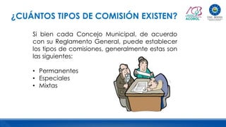 ¿CUÁNTOS TIPOS DE COMISIÓN EXISTEN?
Si bien cada Concejo Municipal, de acuerdo
con su Reglamento General, puede establecer
los tipos de comisiones, generalmente estas son
las siguientes:
• Permanentes
• Especiales
• Mixtas
 