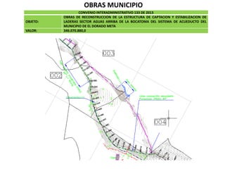 OBRAS MUNICIPIO
CONVENIO INTERADMINISTRATIVO 133 DE 2013
OBJETO:
OBRAS DE RECONSTRUCCION DE LA ESTRUCTURA DE CAPTACION Y ESTABILIZACION DE
LADERAS SECTOR AGUAS ARRIBA DE LA BOCATOMA DEL SISTEMA DE ACUEDUCTO DEL
MUNICIPIO DE EL DORADO META
VALOR: 346.070.880,0
 