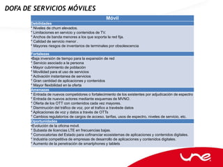 DOFA DE SERVICIOS MÓVILES
                                                    Móvil
       Debilidades
       * Niveles de churn elevados.
       * Limitaciones en servicio y contenidos de TV.
       * Anchos de banda menores a los que soporta la red fija.
       * Calidad de servicio menor .
       * Mayores riesgos de inventarios de terminales por obsolescencia

       Fortalezas
       •Baja inversión de tiempo para la expansión de red
       * Servicio asociado a la persona
       • Mayor cubrimiento de población
       * Movilidad para el uso de servicios
       * Activación instantanea de servicios
       * Gran cantidad de aplicaciones y contenidos
       * Mayor flexibilidad en la oferta
       Amenazas
       * Entrada de nuevos competidores o fortalecimiento de los existentes por adjudicación de espectro
       * Entrada de nuevos actores mediante esquemas de MVNO.
       * Oferta de los OTT con contenidos cada vez mayores.
       * Disminución del tráfico de voz, por el trafico a travésde datos
       * Aplicaciones de voz y datos a través de OTTs
       * Cambios regulatoríos de cargos de acceso, tarifas, usos de espectro, niveles de servicio, etc.
       Oportunidades
       •Evolución de la oficina móvil.
       * Subasta de licencias LTE en frecuencias bajas.
       * Convocatorias del Estado para cofinanciar ecosistemas de aplicaciones y contenidos digitales.
       * Industria competitiva de empresas de desarrollo de aplicaciones y contenidos digitales.
       * Aumento de la penetración de smartphones y tablets
 
