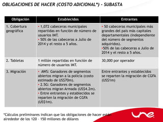 OBLIGACIONES DE HACER (COSTO ADICIONAL*) - SUBASTA


    Obligación                   Establecidos                          Entrantes

 1. Cobertura        • 1,072 cabeceras municipales          • 50 cabeceras municipales más
 geográfica          repartidas en función de número de     grandes del país más capitales
                     usuarios IMT.                          departamentales (independiente
                     • 50% de las cabeceras a Julio de      del número de segmentos
                     2014 y el resto a 5 años.              adquiridos).
                                                            •50% de las cabeceras a Julio de
                                                            2014 y el resto a 5 años.

 2. Tabletas         1 millón repartidas en función de      30,000 por operador
                     número de usuarios IMT.
 3. Migración        • AWS: Ganadores de segmentos          Entre entrantes y establecidos
                     abiertos migran a la policía (costo    se reparten la migración de CGFA
                     estimado de US$70m).                   (US$1m)
                     • 2.5G: Ganadores de segmentos
                     abiertos migran Armada (US$4.2m).
                     • Entre entrantes y establecidos se
                     reparten la migración de CGFA
                     (US$1m).


*Cálculos preliminares indican que las obligaciones de hacer están
alrededor de los 120 – 150 millones de dólares
 