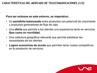 CARACTERISTICAS DEL MERCADO DE TELECOMUNICACIONES (1/2)



  Para ser exitosos en este entorno, es imperativo:
  • Un portafolio balanceado entre productos con potencial de crecimiento
    y productos generadores de flujo de caja
  • Una oferta que permita a los clientes una experiencia tanto en servicios
    fijos como en movilidad.
  • Una cobertura geográfica relevante que permita satisfacer las
    necesidades de los clientes
  • Logren economías de escala que permitan tener costos competitivos
    en la prestación de servicios.
 