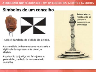 A SOCIEDADE NOS SÉCULOS XIII E XIV: OS CONCELHOS, A CORTE E AS CORTES
Símbolos de um concelho
A assembleia de homens-bons reunia sob a
vigilância do representante do rei, o
alcaide.
A aplicação da justiça era feita junto ao
pelourinho, símbolo da autonomia do
concelho.
Pelourinho ou
Picota onde se
puniam e
expunham os
criminosos
 