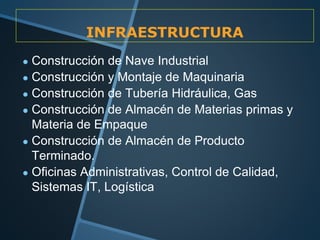 INFRAESTRUCTURA
● Construcción de Nave Industrial
● Construcción y Montaje de Maquinaria
● Construcción de Tubería Hidráulica, Gas
● Construcción de Almacén de Materias primas y
Materia de Empaque
● Construcción de Almacén de Producto
Terminado.
● Oficinas Administrativas, Control de Calidad,
Sistemas IT, Logística
 
