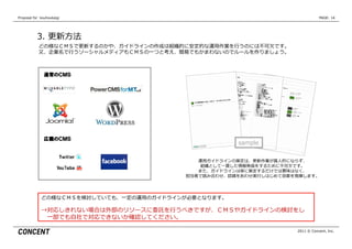 Proposal  for    kouhoukaigi                                                         PAGE: 14




            3.  更更新⽅方法
             どの様なＣＭＳで更更新するのかや、ガイドラインの作成は組織的に安定的な運⽤用作業を⾏行行うのには不不可⽋欠です。
             ⼜又、企業名で⾏行行うソーシャルメディアもＣＭＳの⼀一つと考え、簡易易でもかまわないのでルールを作りましょう。



                 通常のＣＭＳ




                 広義のＣＭＳ
                                                          sample

                                                運⽤用ガイドラインの策定は、更更新作業が属⼈人的にならず、
                                                 組織として⼀一貫した情報発信をするために不不可⽋欠です。
                                                また、ガイドラインは単に策定するだけでは意味はなく、
                                             担当者で読み合わせ、認識識をあわせ実⾏行行しはじめて効果を発揮します。




               どの様なＣＭＳを検討していても、⼀一定の運⽤用のガイドラインが必要となります。

               →対応しきれない場合は外部のリソースに委託を⾏行行うべきですが、ＣＭＳやガイドラインの検討をし
                　⼀一部でも⾃自社で対応できないか確認してください。

                                                                          2011 © Concent, Inc.
 