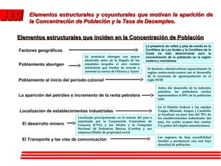 Elementos estructurales y coyunturales que motivan la aparición de
     la Concentración de Población y la Tasa de Desempleo.

Elementos estructurales que inciden en la Concentración de Población
                                                                          La presencia de valles y pies de monte en la
Factores geográficos                                                      Cordillera de Los Andes y la Cordillera de la
                                                                          Costa ha sido determinante para la
                                 La presencia aborigen con mayor          concentración de la población en la región
                                 desarrollo antes de la llegada de los    costera y montañosa
Poblamiento aborigen             españoles ocupaba el arco costero
                                 montañoso que bordea de noreste a          El dominio colonial reforzó espacialmente la
                                 noroeste la cuenca de Orinoco y Apure      región centro-norte-costera con el desarrollo
                                                                            de la economía de agroexportación en el
Poblamiento al inicio del período colonial                                  siglo XVIII

                                                                                   Antes del desarrollo de la industria
                                                                                   petrolera, los pobladores rurales
La aparición del petróleo e incremento de la renta petrolera                       representaban el 85% de la población
                                                                                   total

                                                                                   En el Distrito Federal y los estados
Localización de establecimientos industriales                                      Vargas, Miranda, Aragua y Carabobo
                                                                                   se localizan un poco más del 70% de
                             Localizado principalmente en el oriente del país e    los establecimientos industriales del
                             impulsado por la Corporación Venezolana de            país, los cuales ocupan tres cuartas
 El desarrollo minero        Guayana (CVG) y sus filiales y la Compañía            (¾) partes del empleo manufacturero
                             Nacional de Industrias Básicas (Coniba) y sus
                             empresas filiales de propiedad social.
                                                                                   Las regiones de baja accesibilidad
 El Transporte y las vías de comunicación                                          tienden a permanecer con una baja
                                                                                   densidad de población.
 