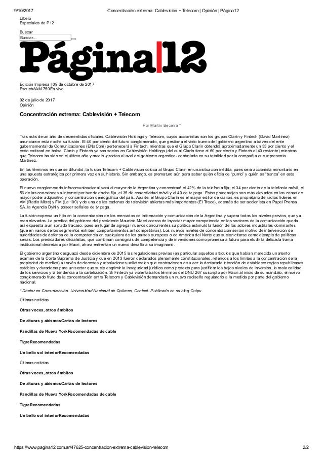 Concentración extrema cablevisión + telecom opinión _ página12